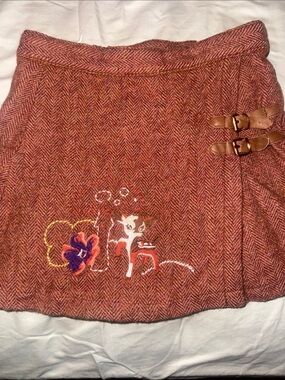 Vintage Oilily Herringbone wool skirt with Embroidered Deer and Buckle